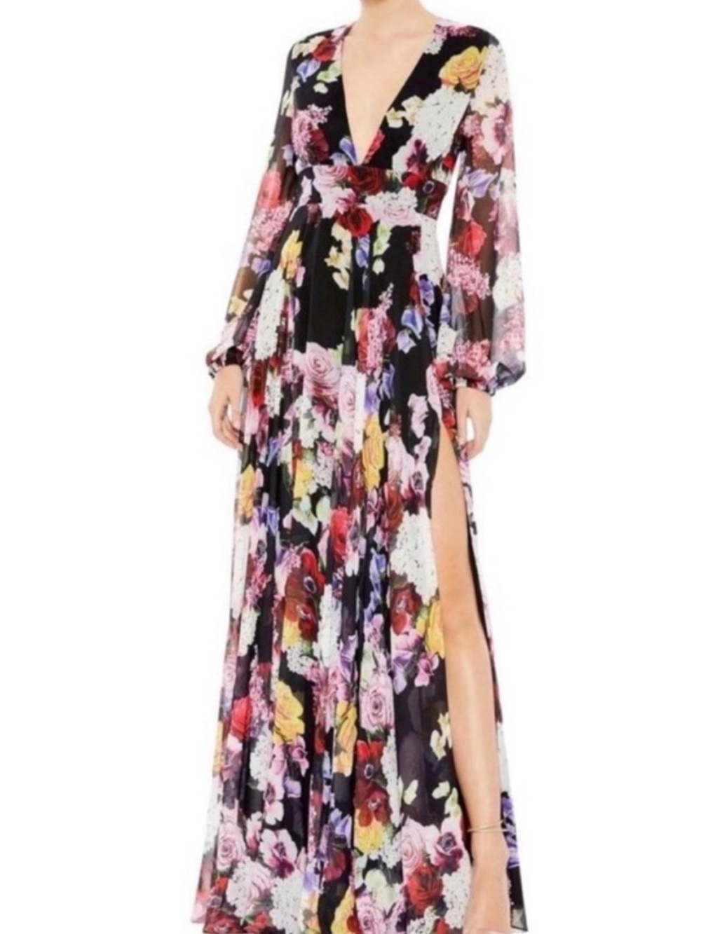 leena for Mac Duggal Floral Print Illusion Long Sleeve V-neck Gown -8-NWT